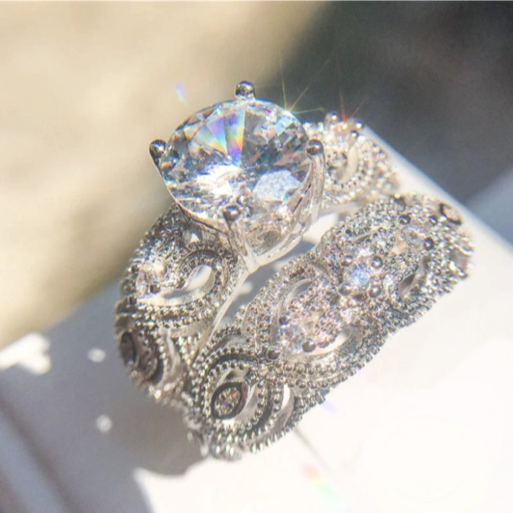 Silver Plated Zircon Crystal Filigree‎ Ring Set Size 7